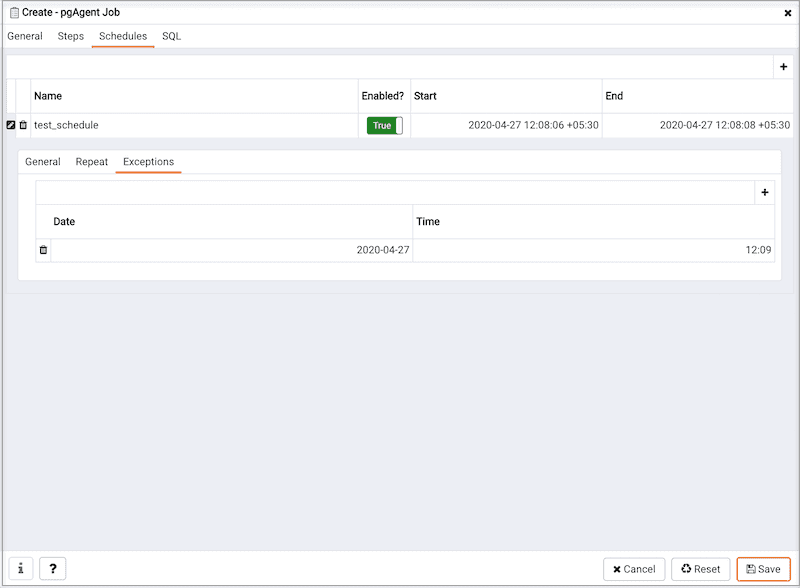 Create pgAgent Job dialog - Schedules tab - Exceptions tab