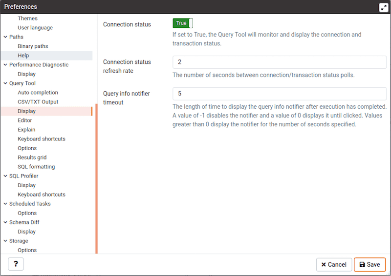 Preferences dialog - Query tool Display options