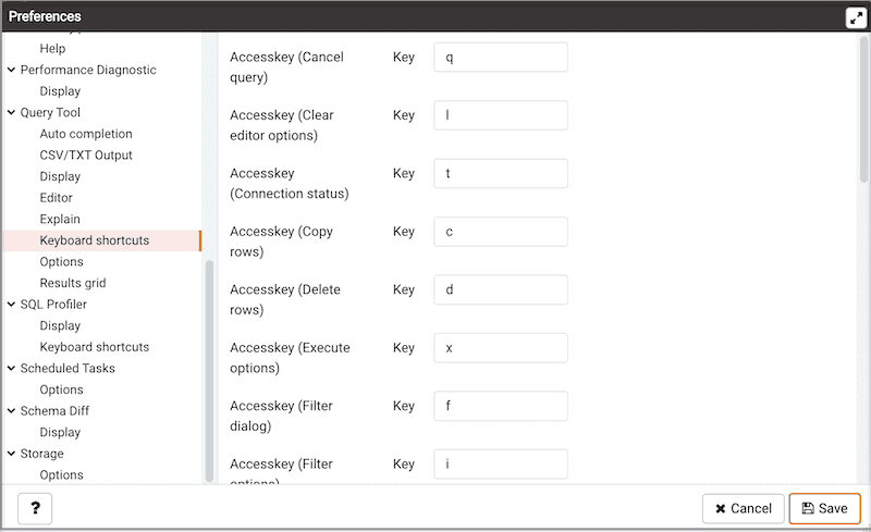 Preferences dialog - Query tool Keyboard Shortcuts section